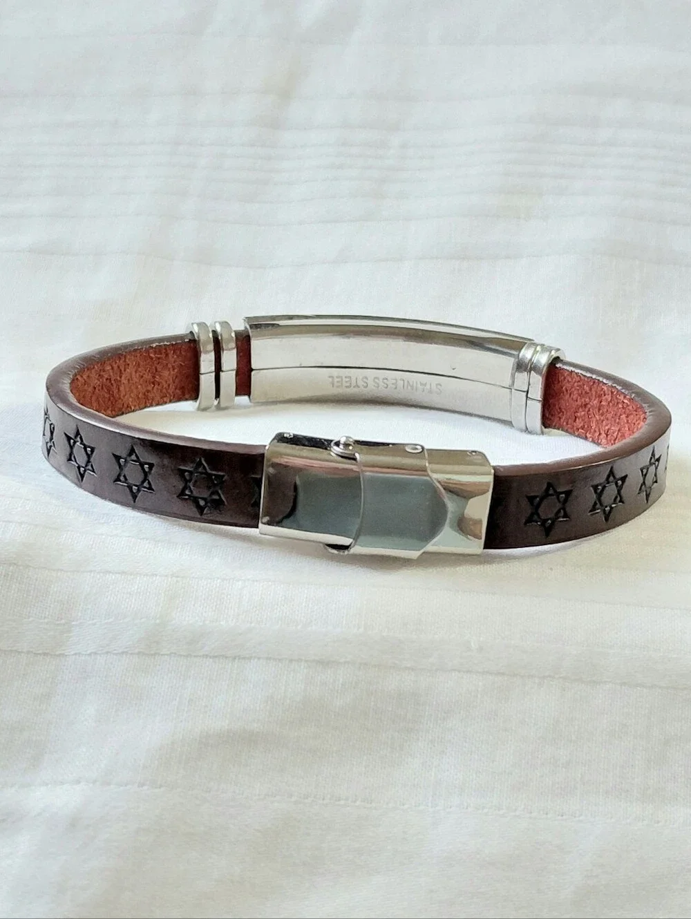 Silver Amen Judaica Leather Bracelet